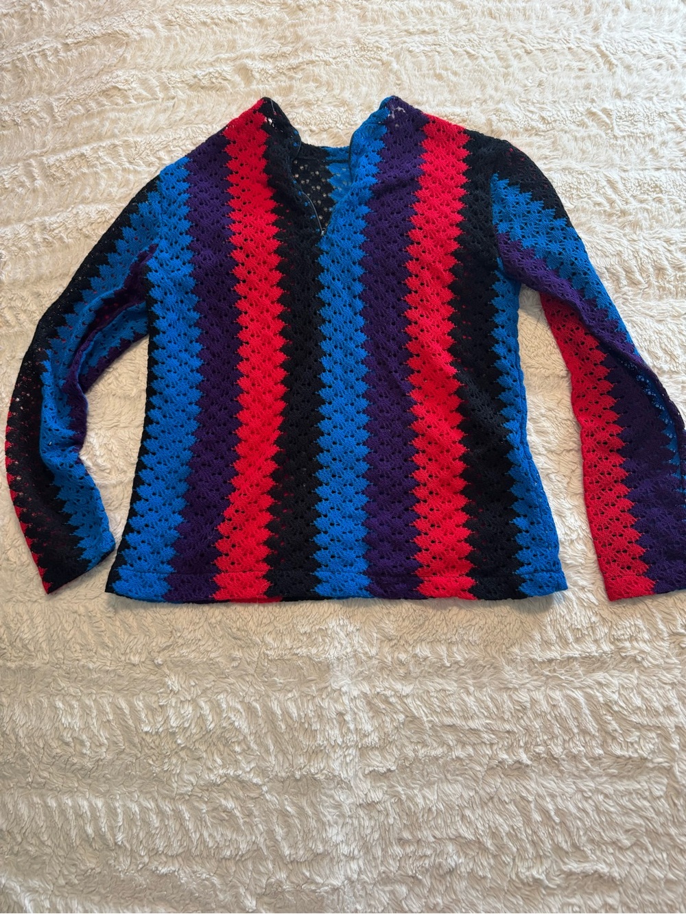 Vintage Colorful Crochet Striped Long Sleeve Sweater Top Size M red blue black